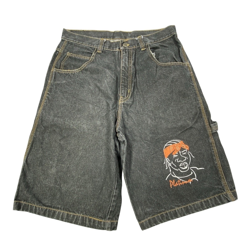 Vintage Y2K Denim Shorts Men 36 Baggy Wide Leg Jean Hip Hop Embroidery Hook Fade